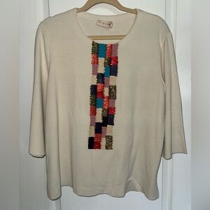 Tory Burch Ivory 3/4 Sleeve Top with Decorative Straw Design Size Medium